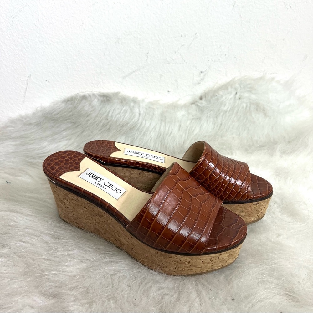 Jimmy Choo Dee Dee Croc Leather Cork Platform Sandals - Picture 8 of 15